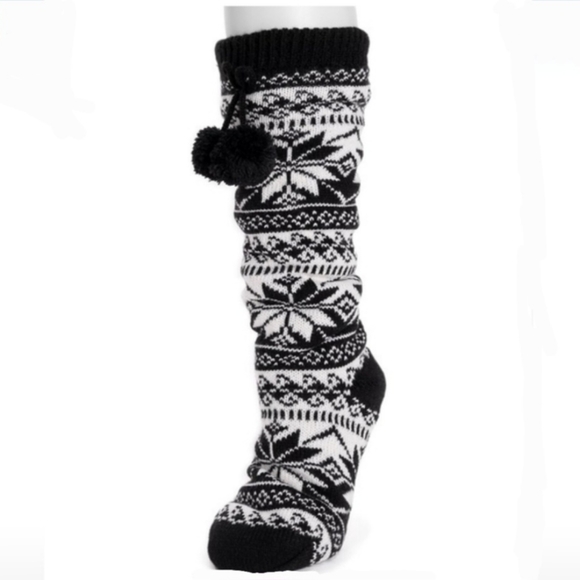 MUK LUKS  Geometric Pom-Pom Lounge Socks  Black - Picture 1 of 5